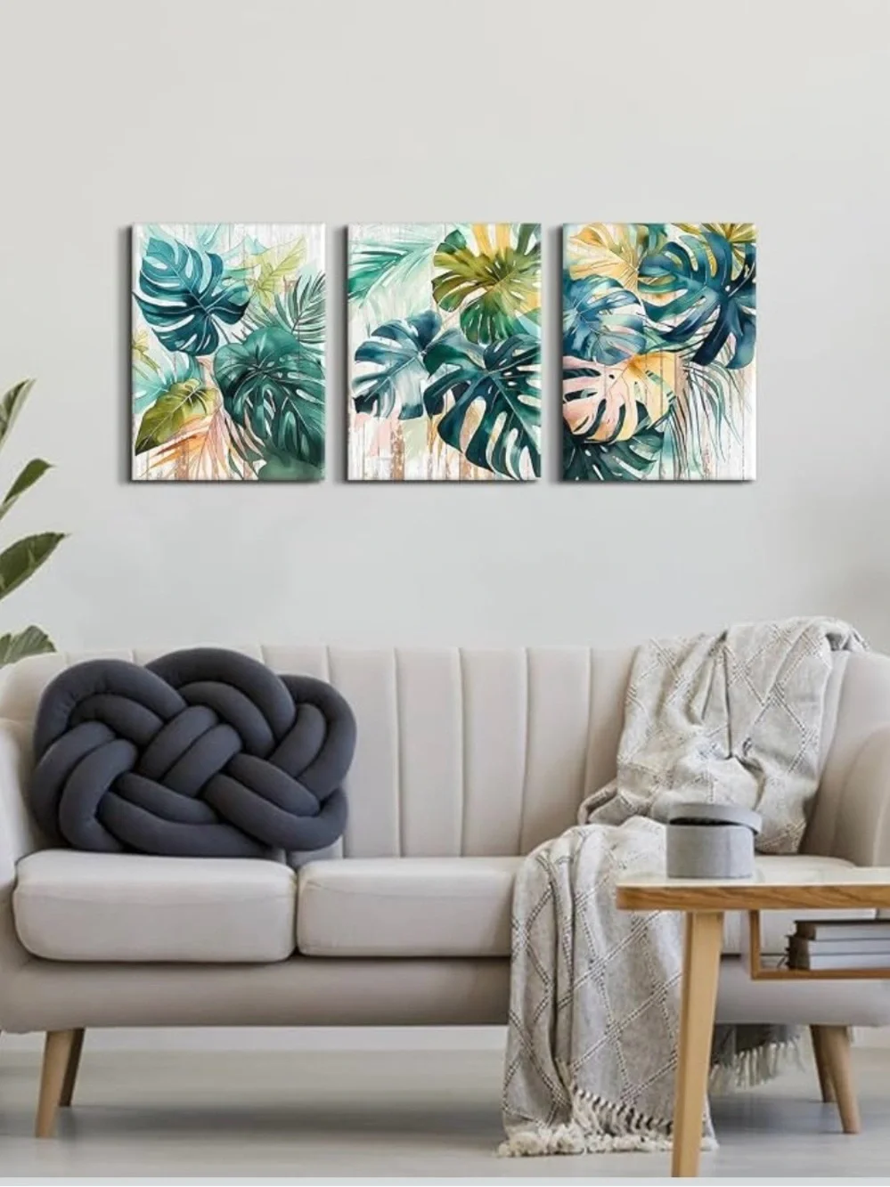 🆕 set of 3 12in x 16in Tropical Monstera Triptych Wall Art - Teal & Coral